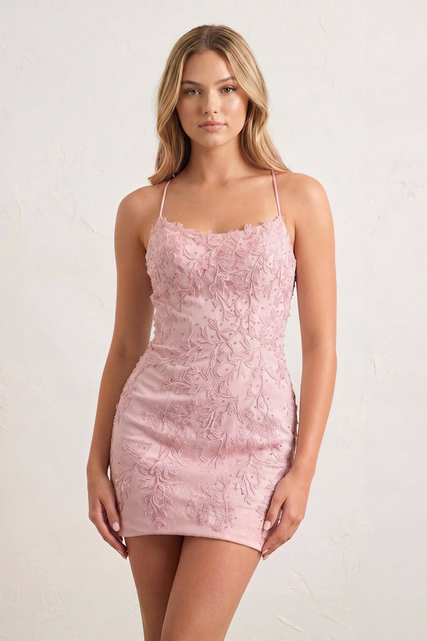 Pink Sheath Spaghetti Straps Lace Short Homecoming Dresses-SHEISME