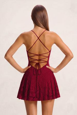 Burgundy Spaghetti Straps Jacquard Satin A-Line Homecoming Dress | SHEISME
