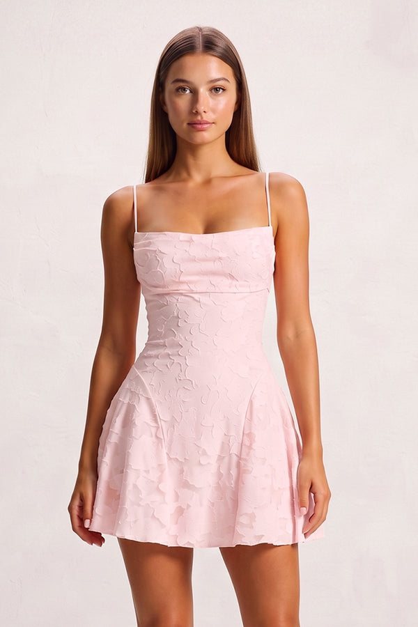 Pink Spaghetti Straps Jacquard Satin A-Line Homecoming Dress | SHEISME