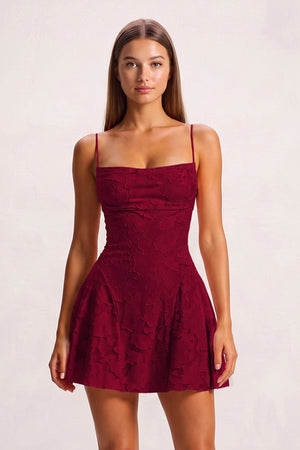 Burgundy Spaghetti Straps Jacquard Satin A-Line Homecoming Dress | SHEISME
