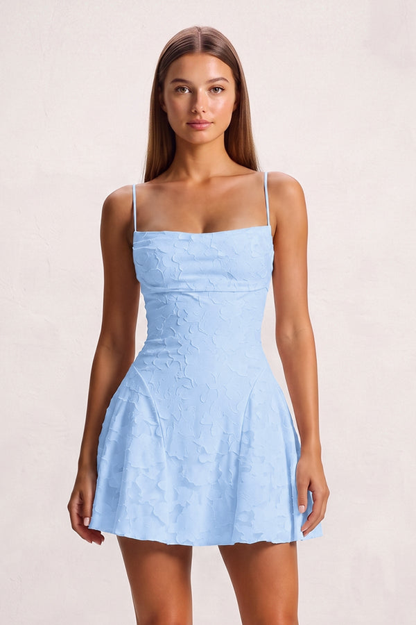 Sky Blue Spaghetti Straps Jacquard Satin A-Line Homecoming Dress | SHEISME