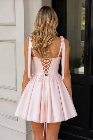 Pink Spaghetti Straps Satin Pleated A-Line Homecoming Dress with Bow | SHEISME