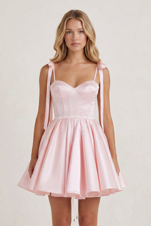 Pink Spaghetti Straps Satin Pleated A-Line Homecoming Dress with Bow | SHEISME