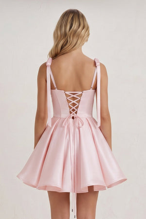 Pink Spaghetti Straps Satin Pleated A-Line Homecoming Dress with Bow | SHEISME