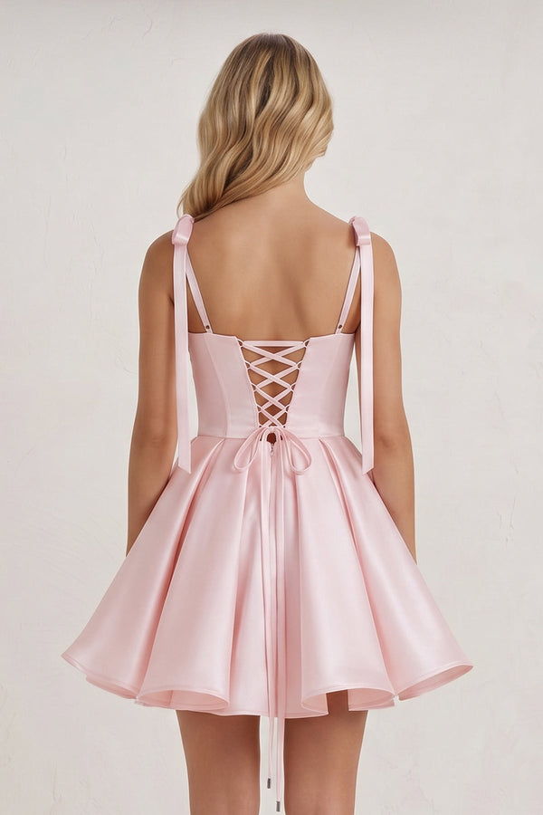 Pink Spaghetti Straps Satin Pleated A-Line Homecoming Dress with Bow | SHEISME