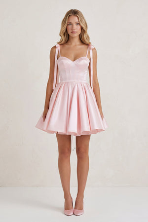 Pink Spaghetti Straps Satin Pleated A-Line Homecoming Dress with Bow | SHEISME