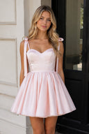Pink Spaghetti Straps Satin Pleated A-Line Homecoming Dress with Bow | SHEISME