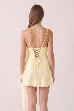 Yellow Spaghetti Straps Sequin Ruched Ruffled Sheath Homecoming Dress  | SHEISME