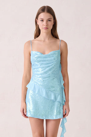 Blue Spaghetti Straps Sequin Ruched Ruffled Sheath Homecoming Dress  | SHEISME
