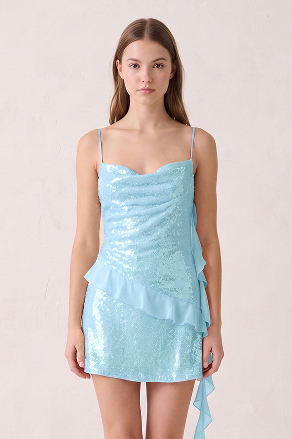 Blue Spaghetti Straps Sequin Ruched Ruffled Sheath Homecoming Dress  | SHEISME