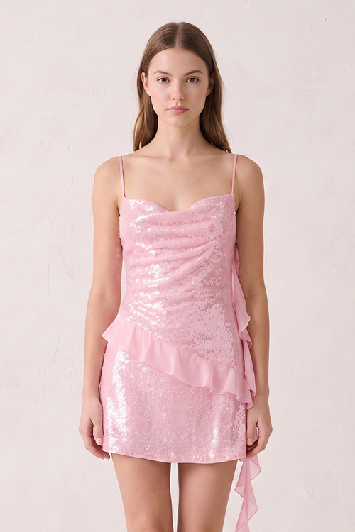 Pink Spaghetti Straps Sequin Ruched Ruffled Sheath Homecoming Dress | SHEISME