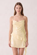 Yellow Spaghetti Straps Sequin Ruched Ruffled Sheath Homecoming Dress  | SHEISME