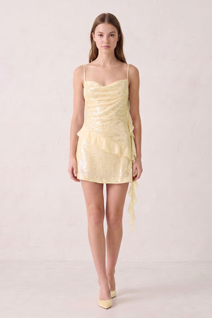 Yellow Spaghetti Straps Sequin Ruched Ruffled Sheath Homecoming Dress  | SHEISME