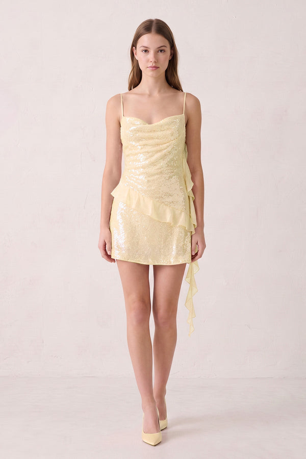 Yellow Spaghetti Straps Sequin Ruched Ruffled Sheath Homecoming Dress  | SHEISME