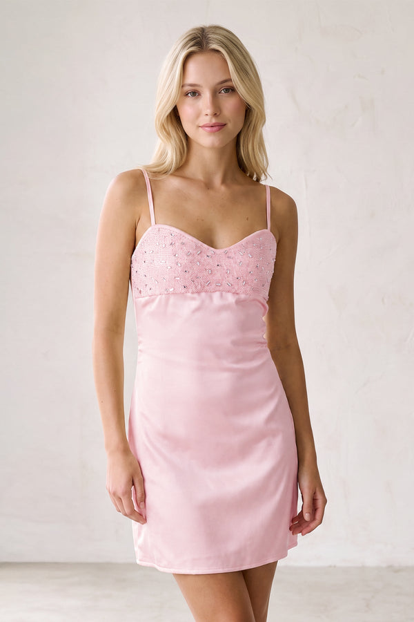 Pink Spaghetti Straps Sheath Rhinestones Satin Homecoming Dress with Tie Back (3) | SHEISME
