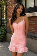 Pink Spaghetti Straps Sheath Satin Pleated Homecoming Dress With Ruffles | SHEISME