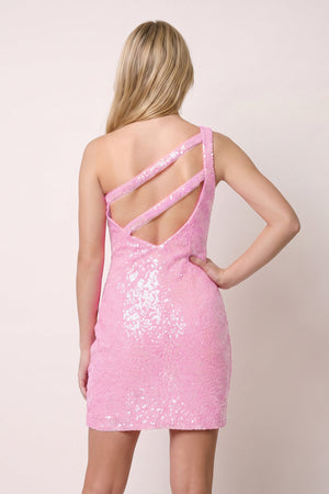 Pink Sparkly Bodycon One Shoulder Sequins Mini Party Dresses with Keyhole (2) | SHEISME