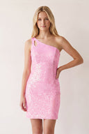 Pink Sparkly Bodycon One Shoulder Sequins Mini Party Dresses with Keyhole | SHEISME