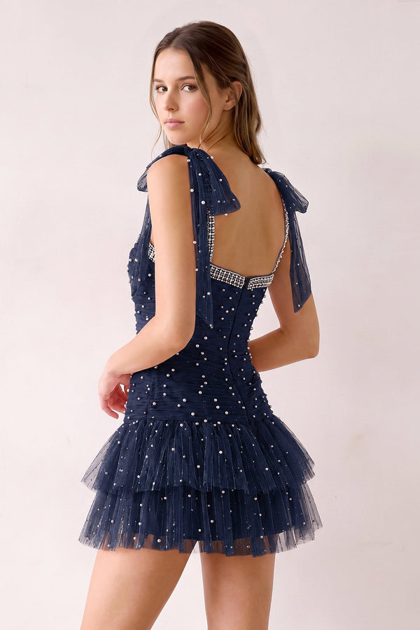 Navy Blue Square Neck A-Line Ruffled Tulle Homecoming Dress with Pearl (2) | SHEISME