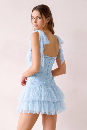 Sky Blue Square Neck A-Line Ruffled Tulle Homecoming Dress with Pearl (2) | SHEISME