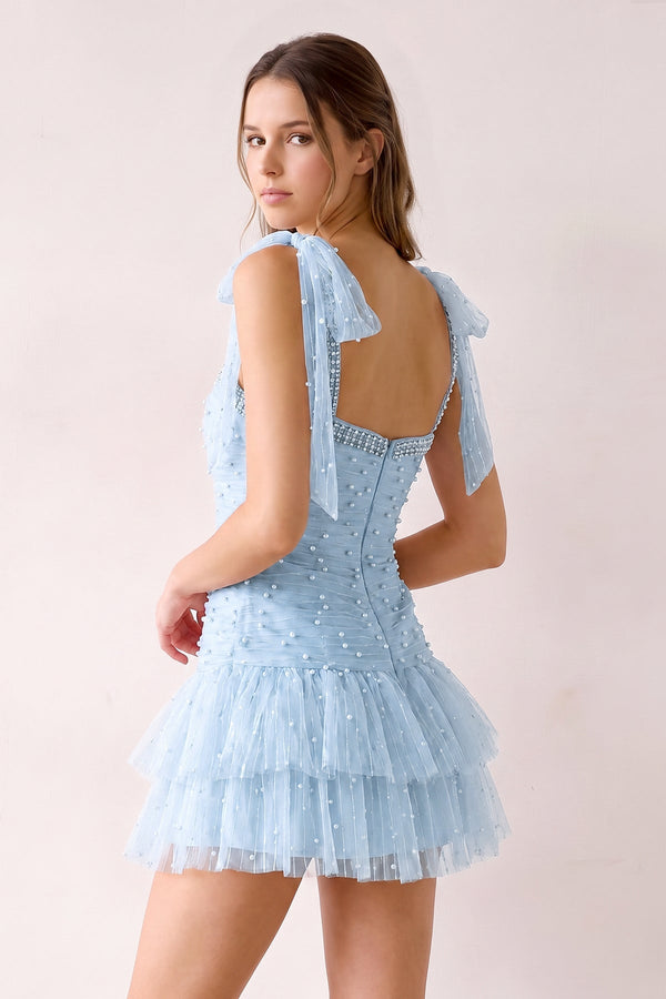 Sky Blue Square Neck A-Line Ruffled Tulle Homecoming Dress with Pearl (2) | SHEISME