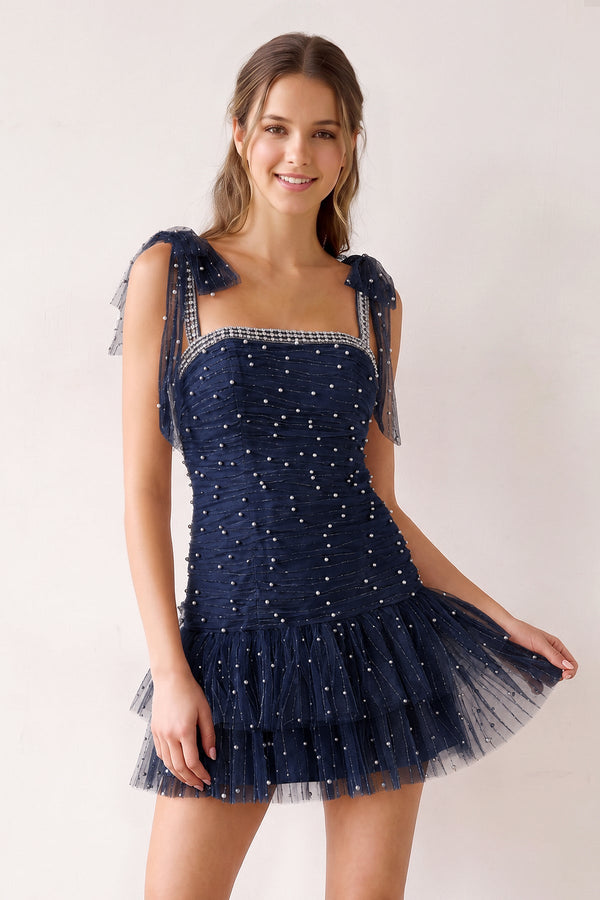 Navy Blue Square Neck A-Line Ruffled Tulle Homecoming Dress with Pearl | SHEISME
