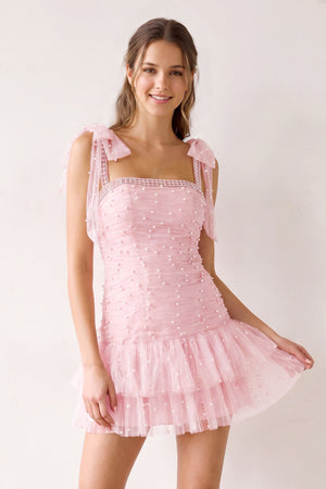 Pink Square Neck A-Line Ruffled Tulle Homecoming Dress with Pearl | SHEISME