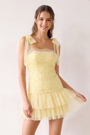Yellow Square Neck A-Line Ruffled Tulle Homecoming Dress with Pearl | SHEISME