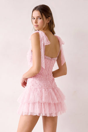 Pink Square Neck A-Line Ruffled Tulle Homecoming Dress with Pearl (2) | SHEISME