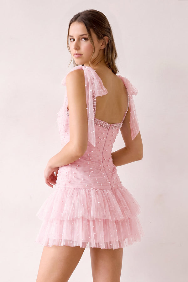 Pink Square Neck A-Line Ruffled Tulle Homecoming Dress with Pearl (2) | SHEISME