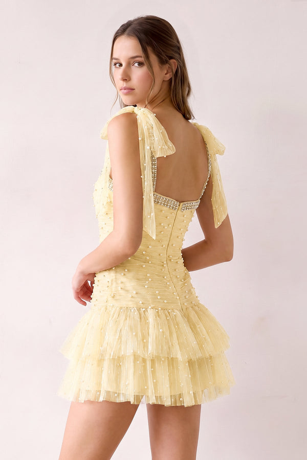 Yellow Square Neck A-Line Ruffled Tulle Homecoming Dress with Pearl (2) | SHEISME