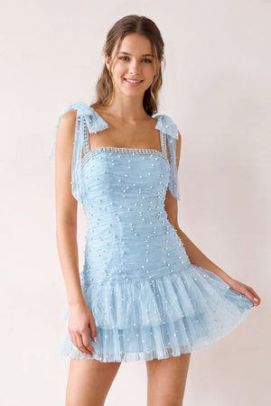 Sky Blue Square Neck A-Line Ruffled Tulle Homecoming Dress with Pearl | SHEISME