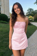 Pink Strapless Appliqued Satin Sheath Homecoming Dress | SHEISME