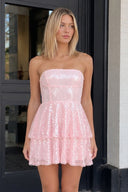 Pink Strapless Sequined A-Line Tiered Tulle Homecoming Dress - SHEISME