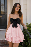 Pink Sweetheart A-Line Ruffled Chiffon Homecoming Dress with Bow | SHEISME