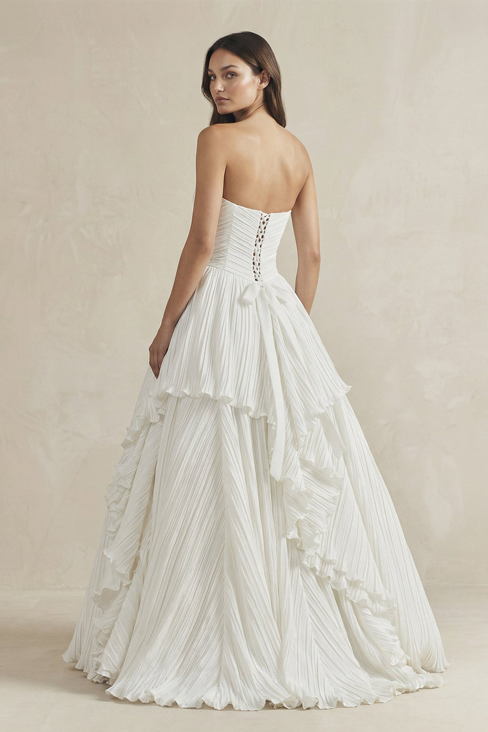 Pleated A - Line Ruffled Strapless Wedding Dress in White - SHE IS ME Wedding Dresses
