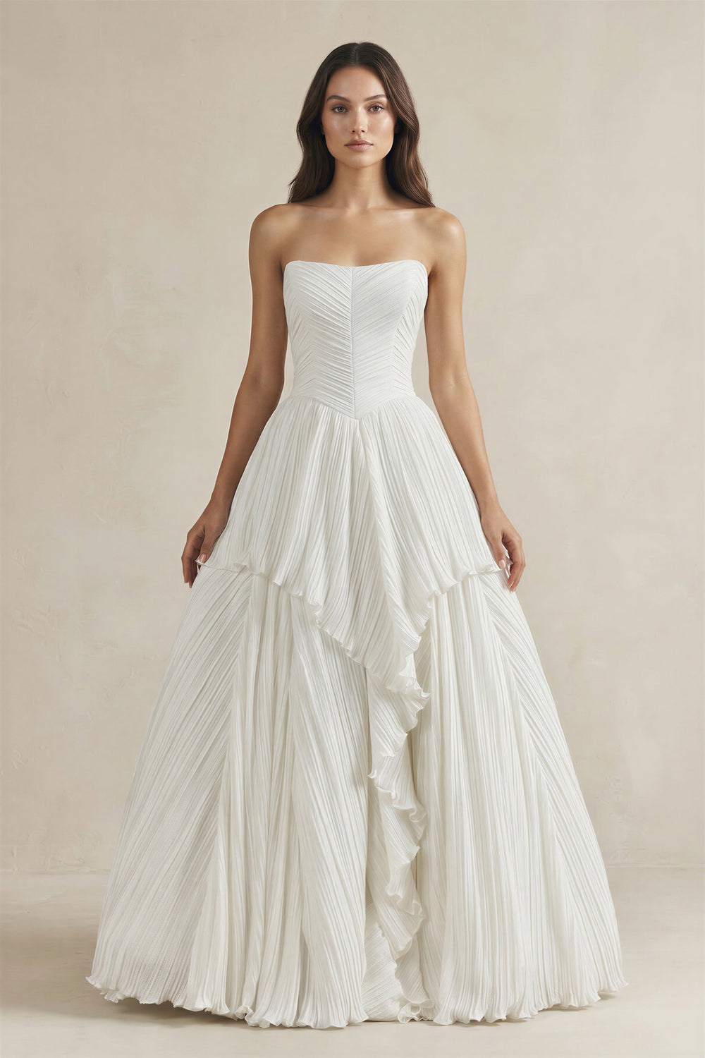 Pleated A - Line Ruffled Strapless Wedding Dress in White - SHE IS ME Wedding Dresses
