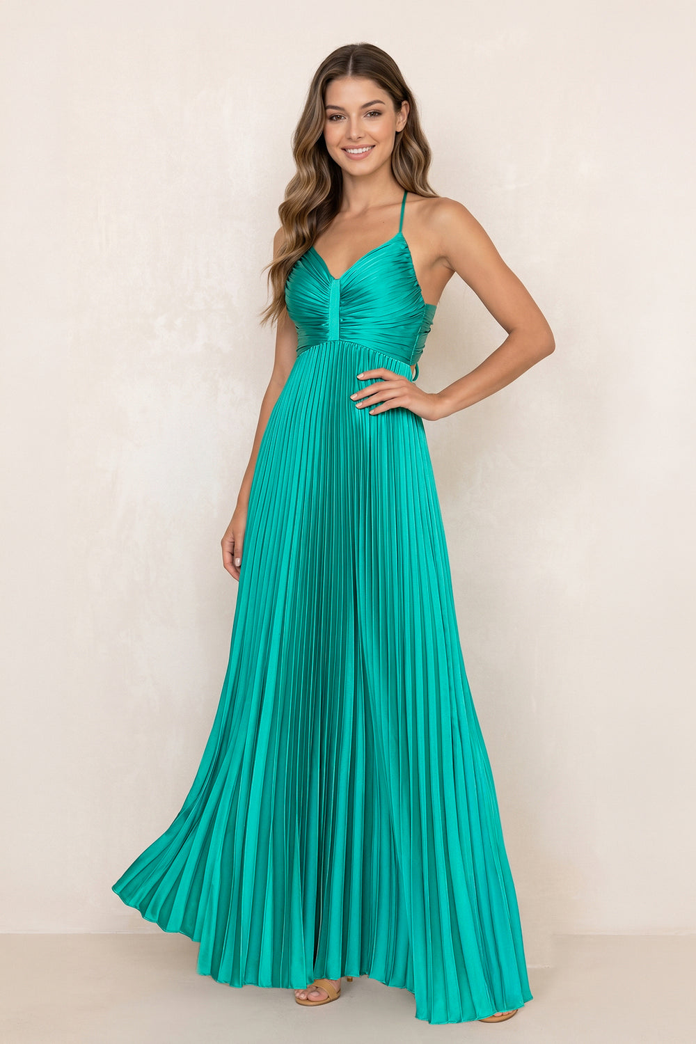 Pleated A-Line V-Neck Stretch Satin Maxi Dress in Viridian Green – SHE IS ME Dresses