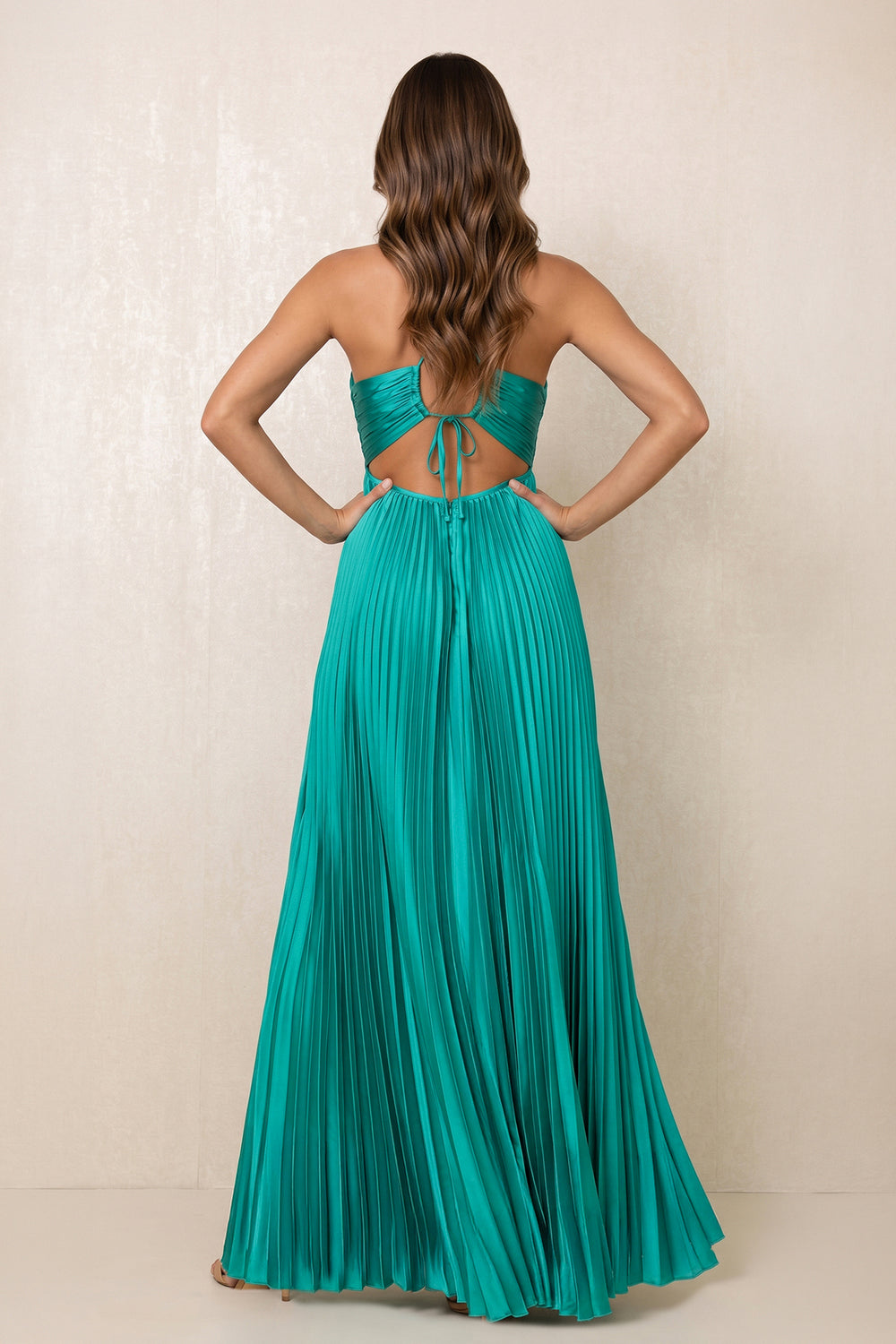 Pleated A-Line V-Neck Stretch Satin Maxi Dress in Viridian Green – SHE IS ME Dresses