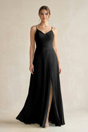 Pleated A-Line Long Chiffon Bridesmaid Dress in Black