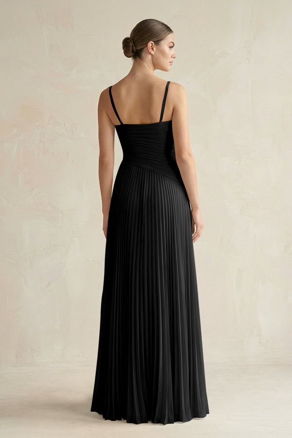 Pleated A-Line Long Chiffon Bridesmaid Dress in Black