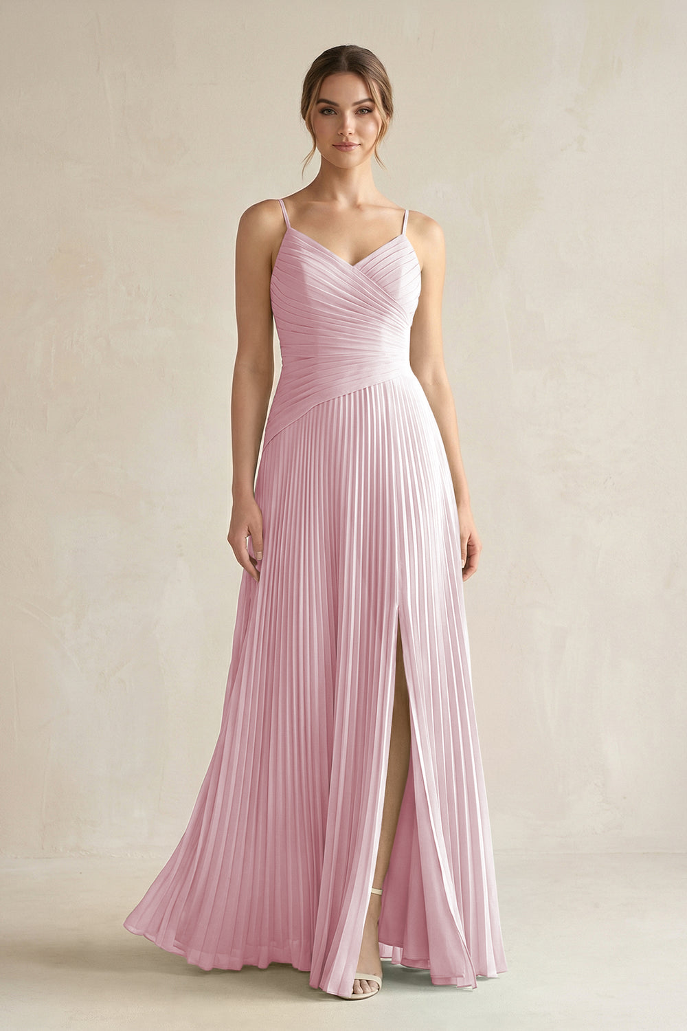 Pleated A-Line Long Chiffon Bridesmaid Dress in Candy Pink