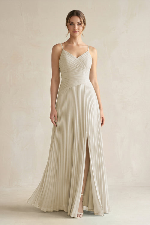 Pleated A-Line Long Chiffon Bridesmaid Dress in Dove Gray
