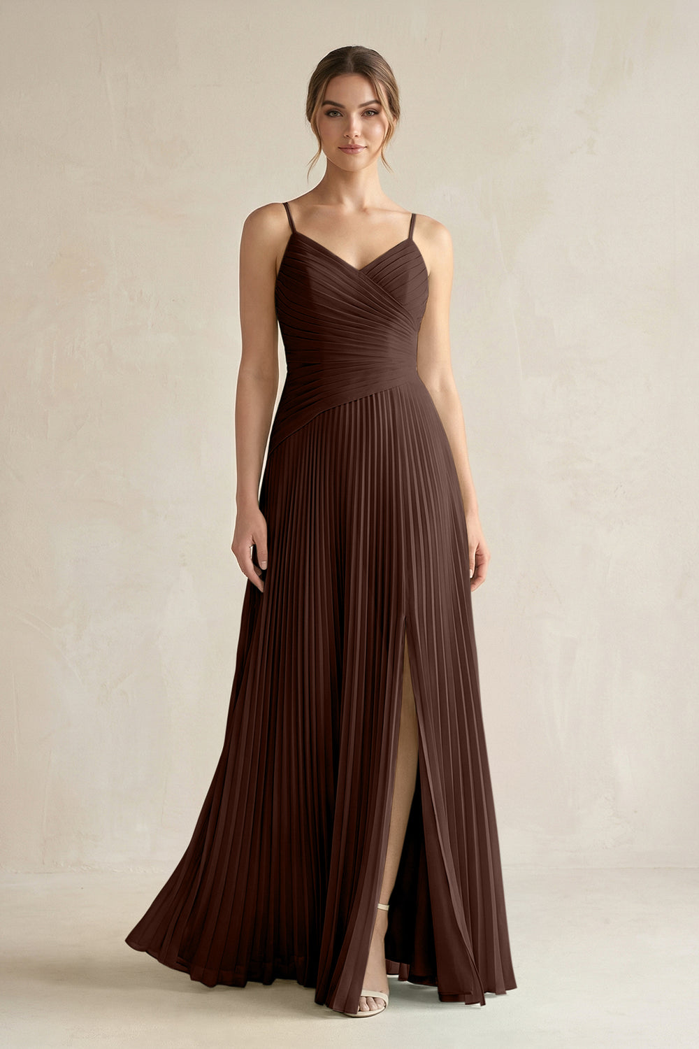 Pleated A-Line Long Chiffon Bridesmaid Dress in Espresso