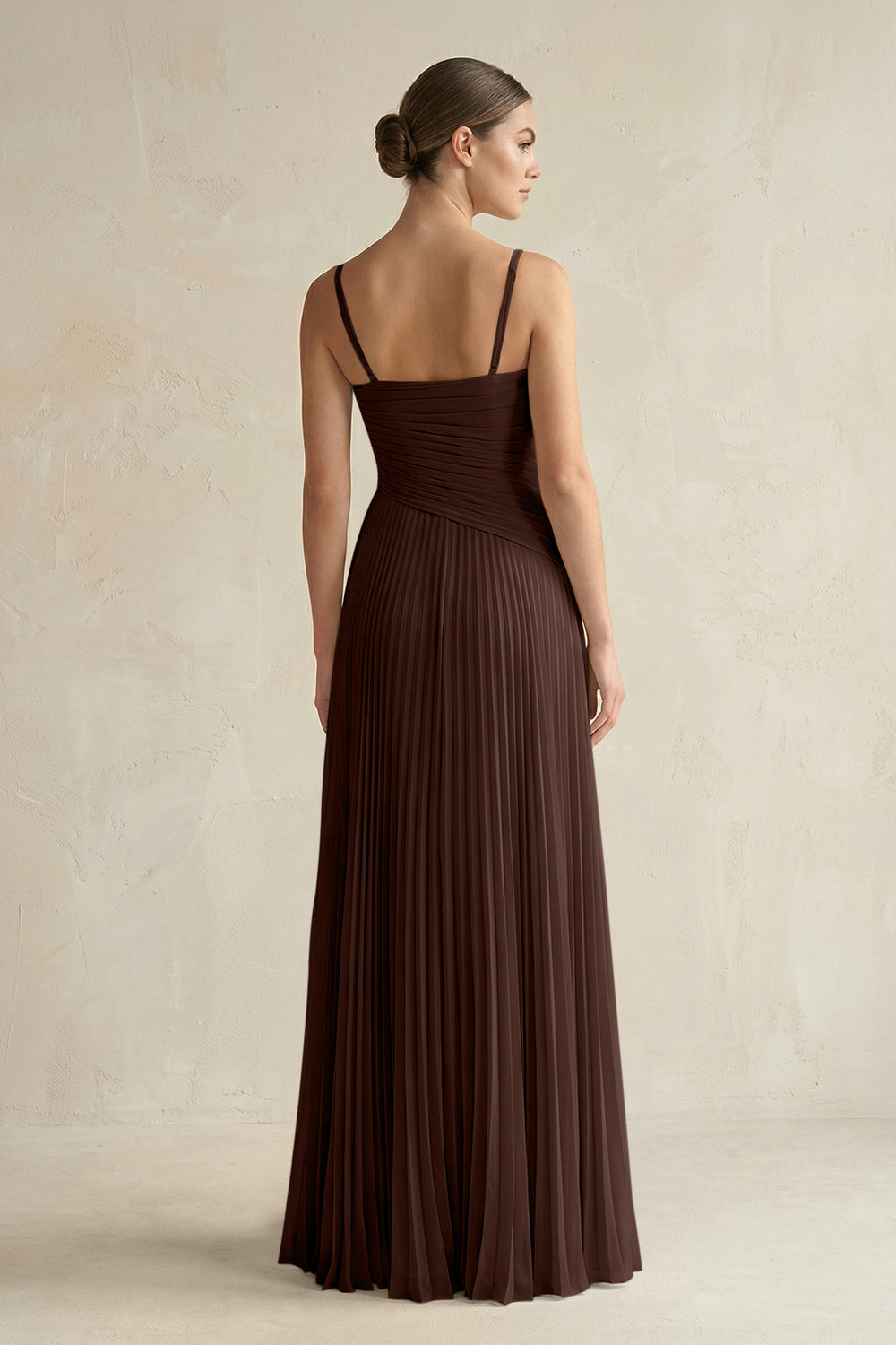 Pleated A-Line Long Chiffon Bridesmaid Dress in Espresso