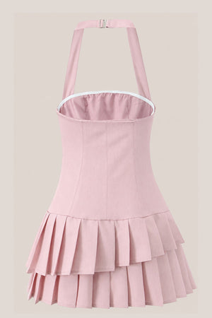 Pleated Halter A - Line Cotton Mini Dress in Pink - SHE IS ME Dresses