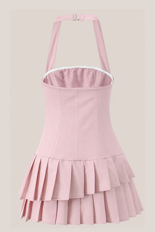 Pleated Halter A - Line Cotton Mini Dress in Pink - SHE IS ME Dresses