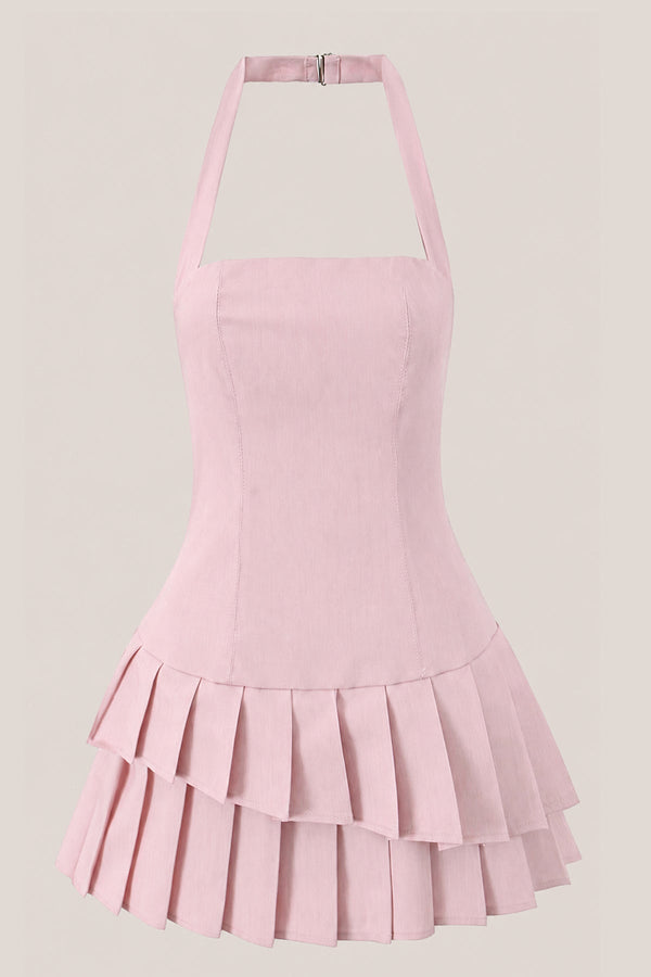 Pleated Halter A - Line Cotton Mini Dress in Pink - SHE IS ME Dresses
