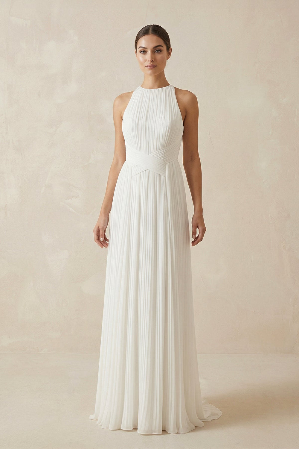 Pleated Open Back Halter A - Line Wedding Dress - SHE IS ME Wedding Dresses