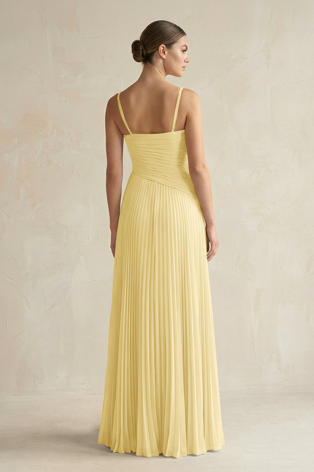 Pleated A-Line Long Chiffon Bridesmaid Dress in Pastel Yellow